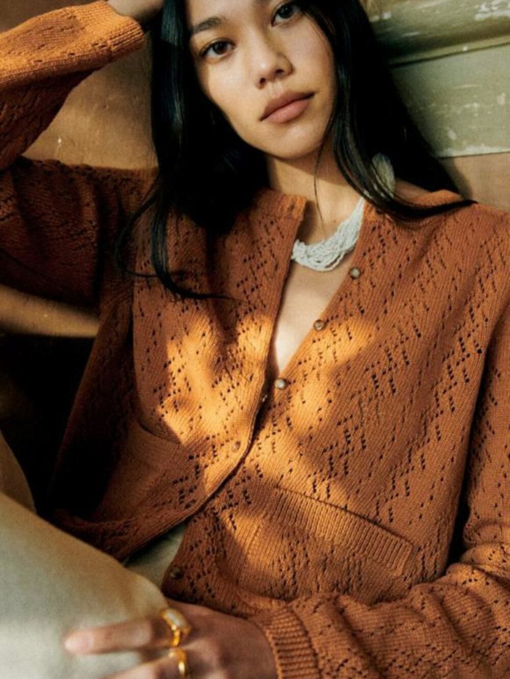 New Sezane Jack 100% Cotton Pointelle Cardigan Camel Brown Medium